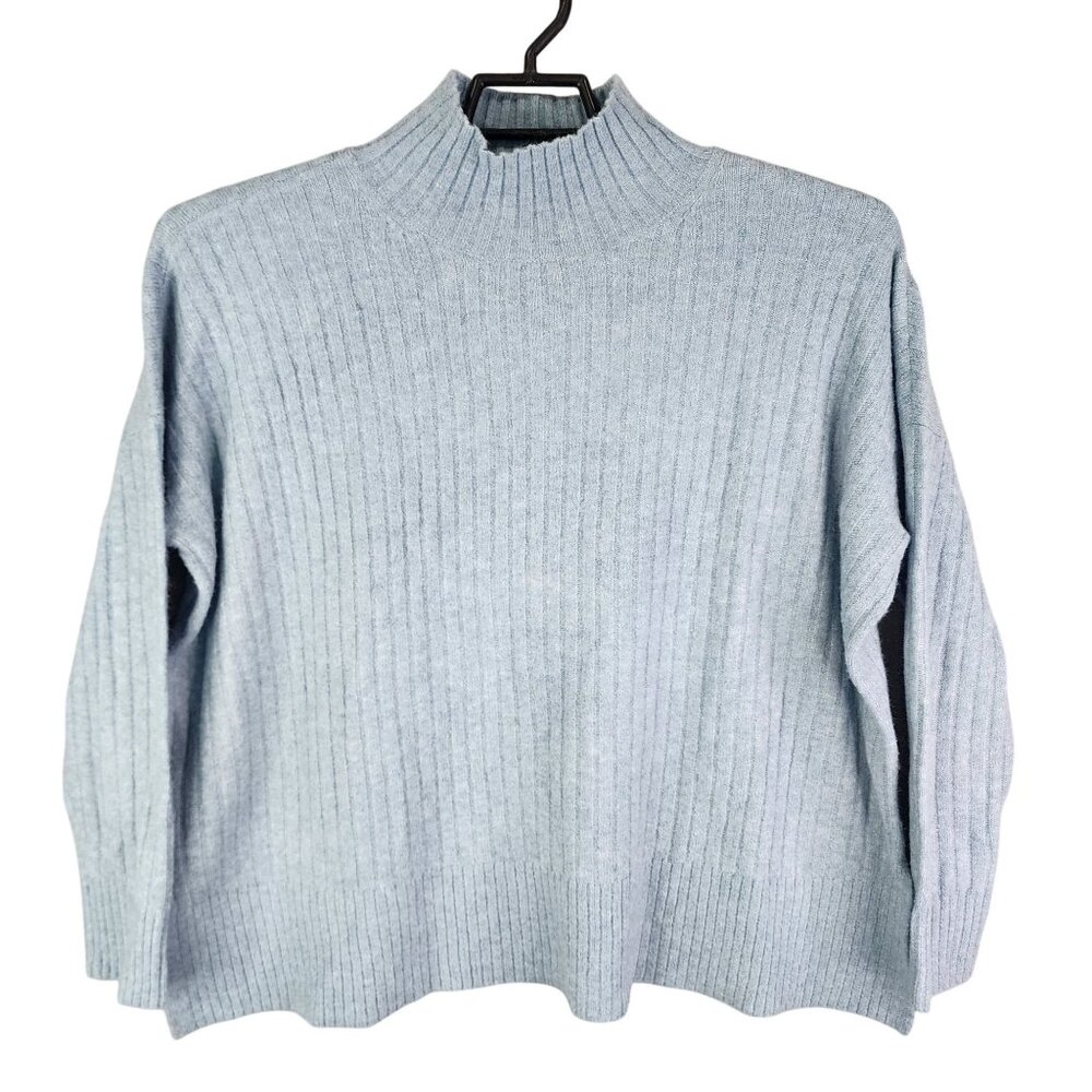 Womens Loft Blue Ribbed Sweater Mock Neck Long Sleeve Acrylic Polyester Size S